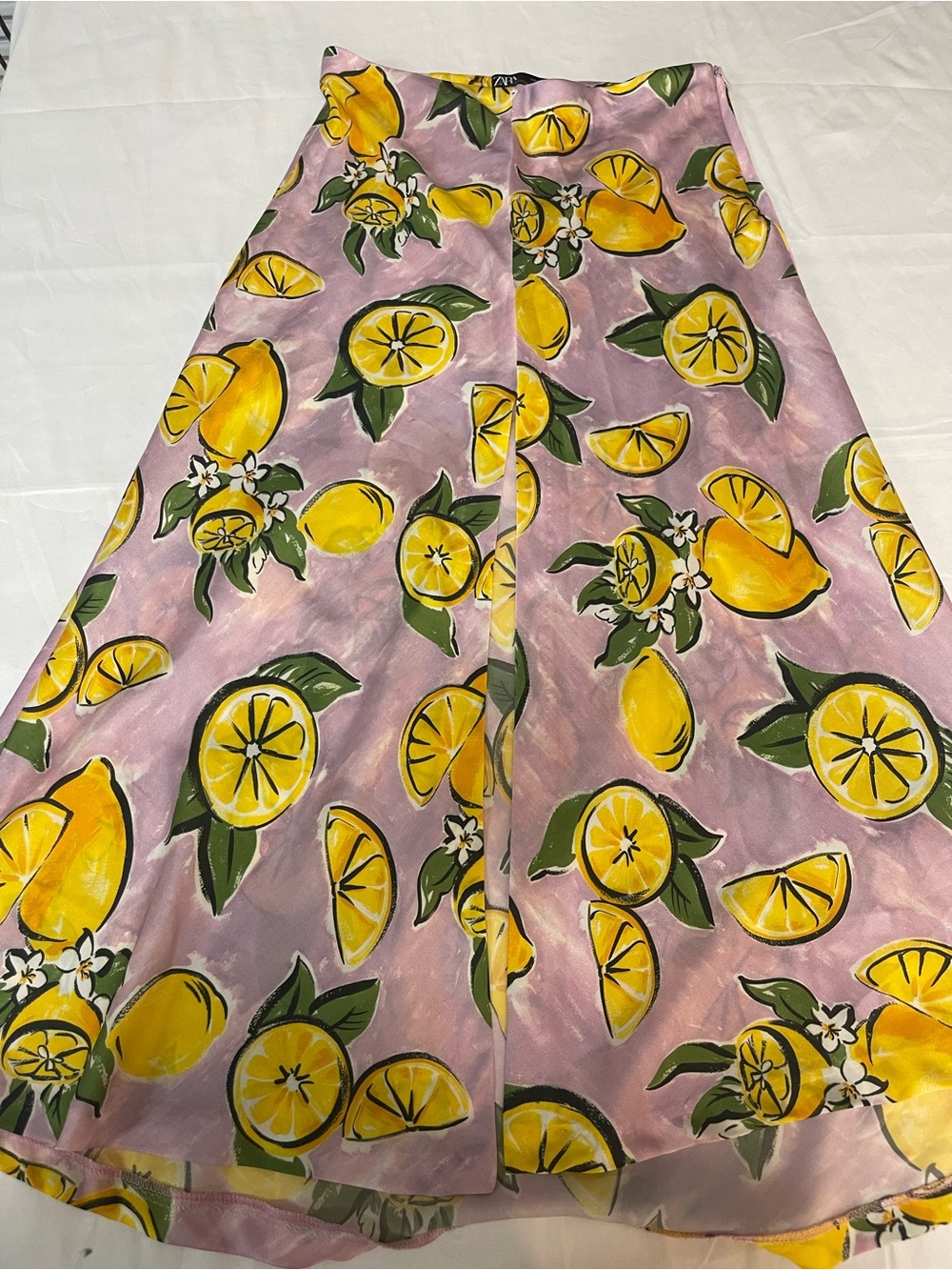 Zara Pink Lemon-Print A-Line Skirt with Yellow Citrus Summer Vacation